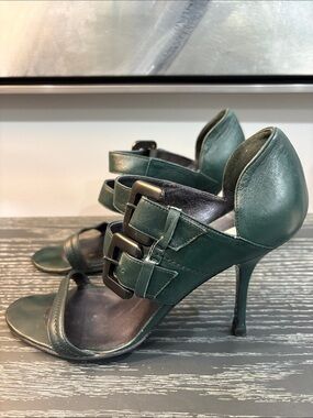 Edmundo Castillo Dark Green Leather High Heel Sandals with Buckle Straps